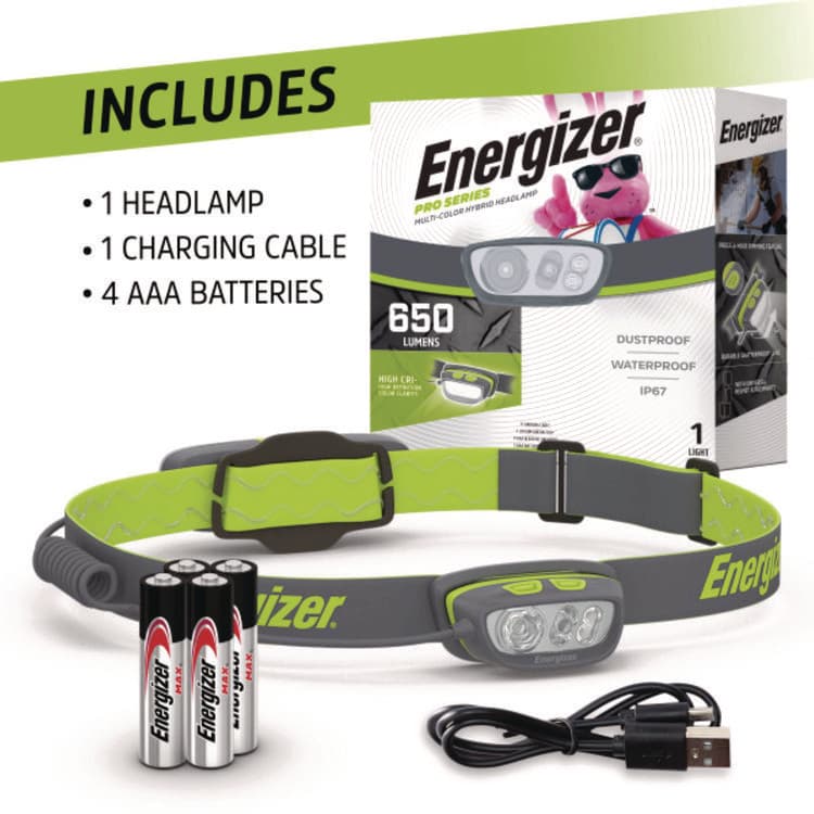 EVEREADY BATTERY Pro Series Multi-Color Hybrid Headlamp, Rechargeable Lithium Ion Battery/4 AAA Batteries (Included), Gray/Green (EVEENY38A42P) thumbnail 3