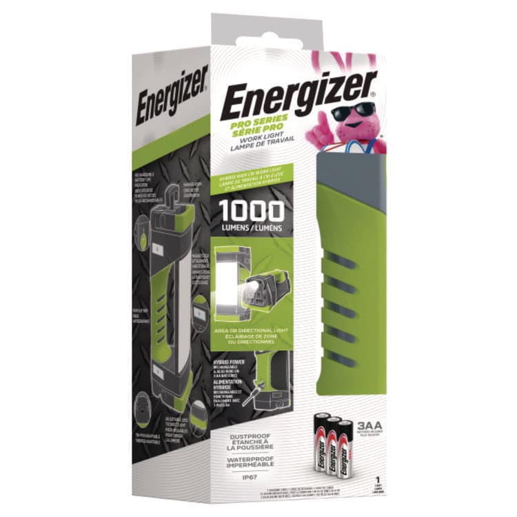 EVEREADY BATTERY Pro Series Work Light, Rechargeable Lithium Ion Battery/3 AA Batteries (Included), Gray/Green (EVEENYPWL31)