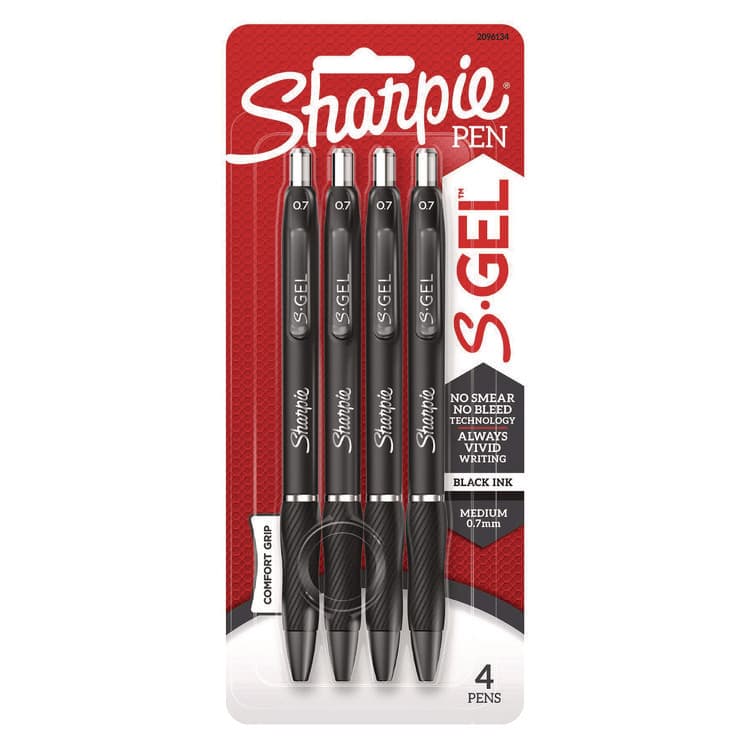 SANFORD S-Gel High-Performance Gel Pen, Retractable, Medium 0.7 mm, Black Ink, Black Barrel, 4/Pack (SAN2096134)