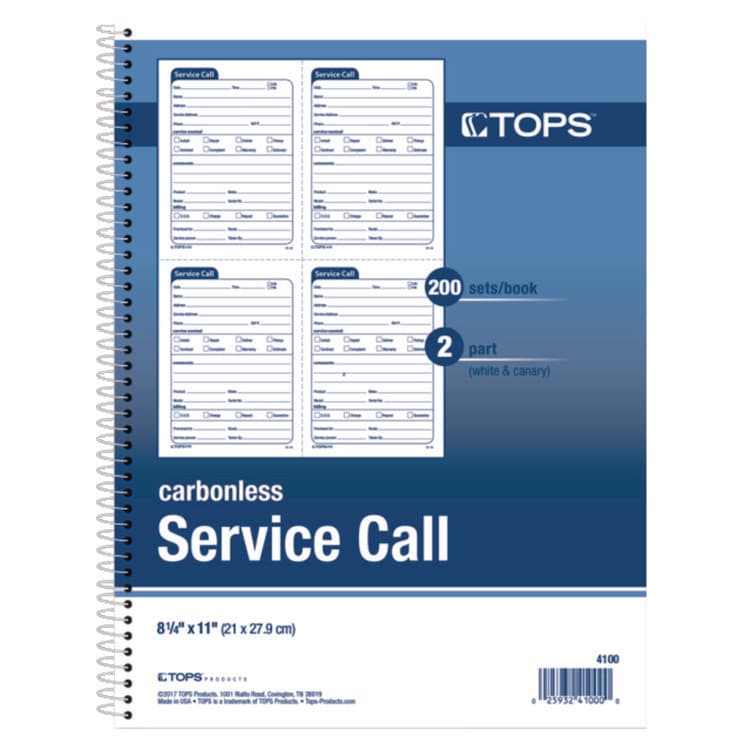 TOPS BUSINESS FORMS Service Call Book, Two-Part Carbonless, 5.5 x 3.88, 4 Forms/Sheet, 200 Forms Total (TOP4100)