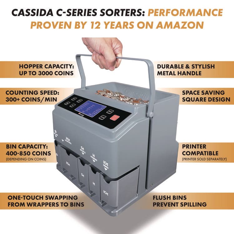 CASSIDA C300 Series Coin Sorter/Counter for Pennies, Nickels, Dimes, Quarters and Dollars, 300 coins/min, 11" x 11" x 10", Gray (CIAC300) thumbnail 3