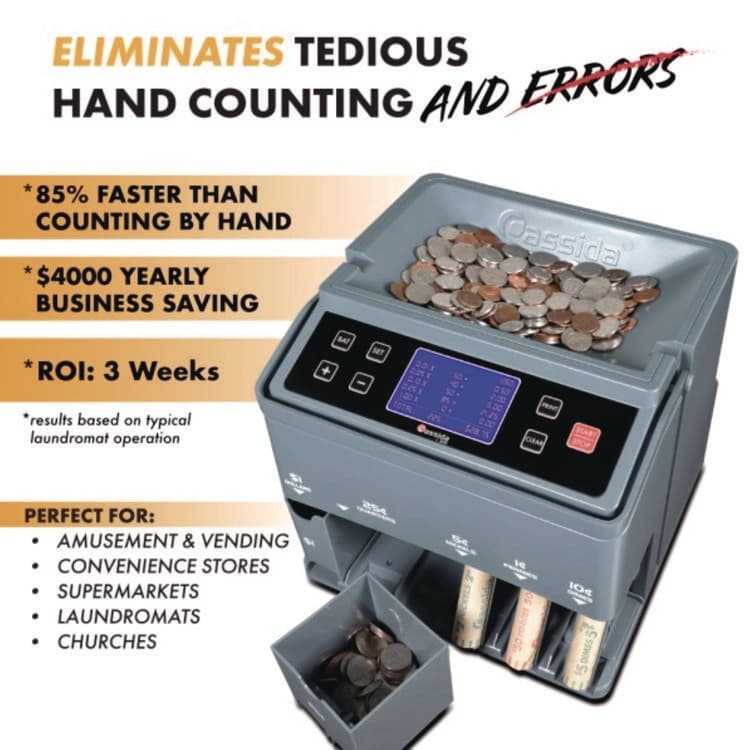CASSIDA C300 Series Coin Sorter/Counter for Pennies, Nickels, Dimes, Quarters and Dollars, 300 coins/min, 11" x 11" x 10", Gray (CIAC300) thumbnail 2