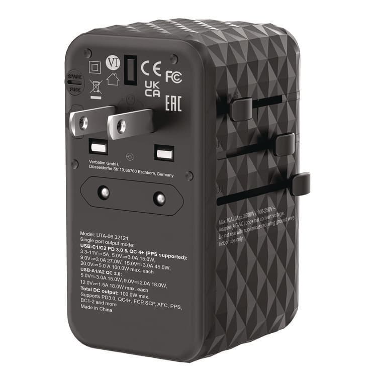 VERBATIM CORPORATION UTA-06 Gan III Universal Travel Adapter, (2) USB-A/(2) USB-C/Quick Charge 4+ (VER32121) thumbnail 4