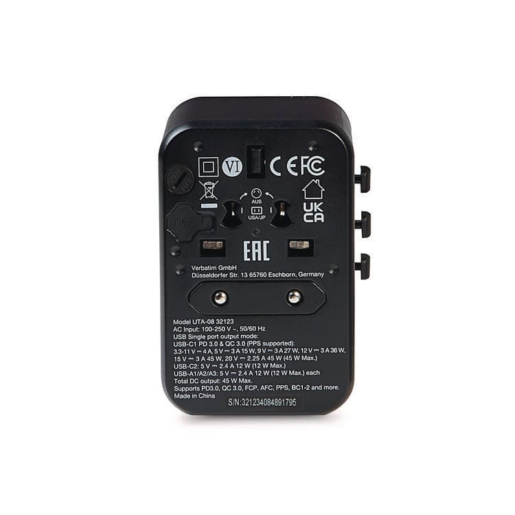 VERBATIM CORPORATION UTA-08 Universal Travel Adapter, (3) USB-A/(3) USB-C (VER32123) thumbnail 2