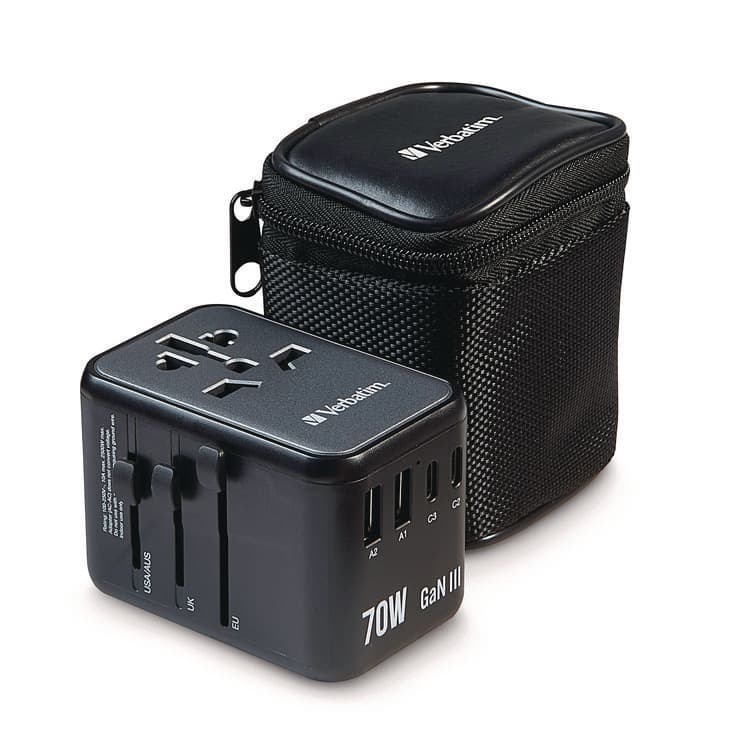 VERBATIM CORPORATION UTA-09 Gan III Universal Travel Adapter, (2) USB-A/(2) USB-C/USB-C with Power Delivery 3.0 (VER32124)