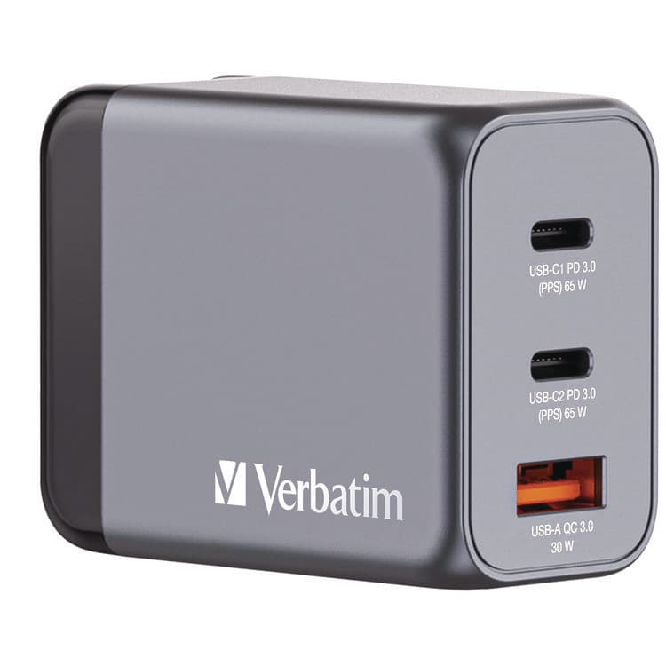 VERBATIM CORPORATION 65 W 3-Port GaN Wall Charger, Black/Gray (VER32201)