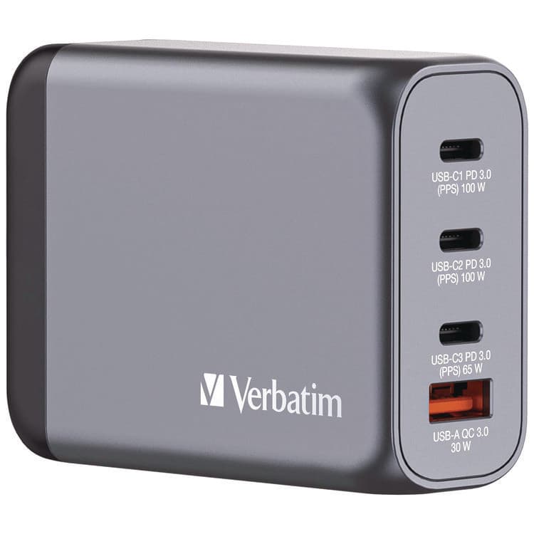 VERBATIM CORPORATION 100 W 4-Port GaN Wall Charger, Black/Gray (VER32202)