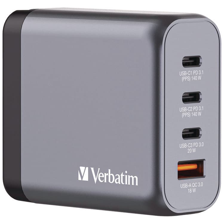 VERBATIM CORPORATION 140 W 4-Port GaN Wall Charger, Black/Gray (VER32203)