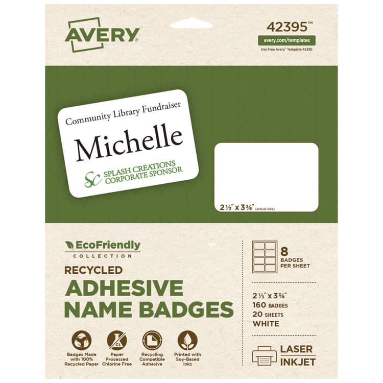 AVERY PRODUCTS CORPORATION EcoFriendly Adhesive Name Badge Labels, 3.38 x 2.33, White, 160/Box (AVE42395)