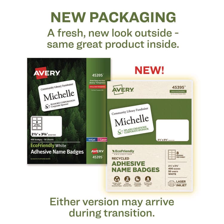 AVERY PRODUCTS CORPORATION EcoFriendly Adhesive Name Badge Labels, 3.38 x 2.33, White, 400/Box (AVE45395) thumbnail 2