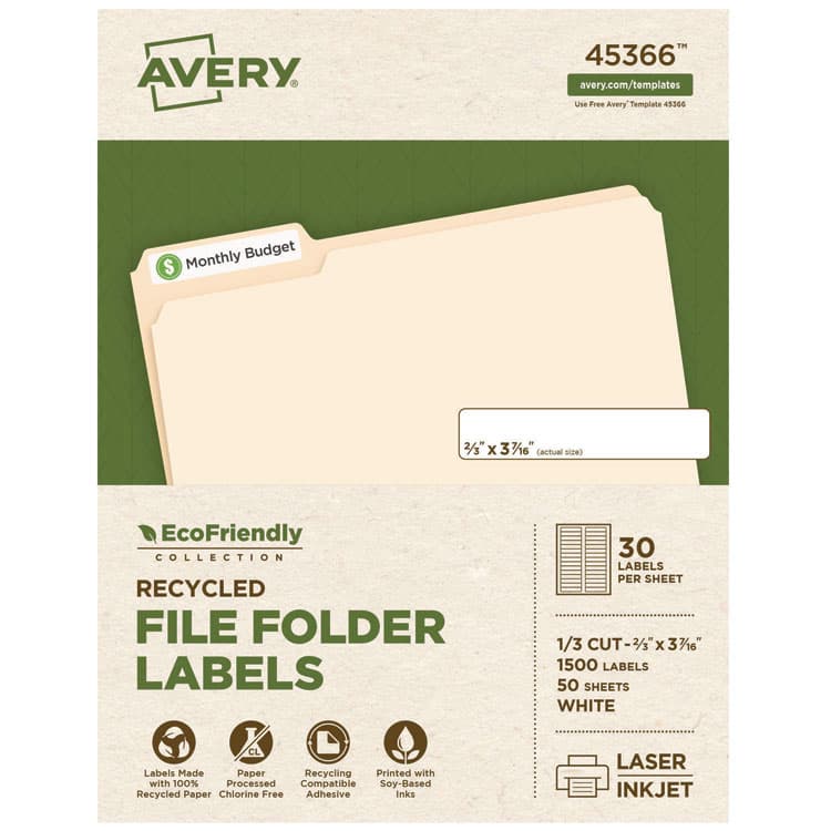 AVERY PRODUCTS CORPORATION EcoFriendly Permanent File Folder Labels, 0.66 x 3.44, White, 30/Sheet, 50 Sheets/Pack (AVE45366)