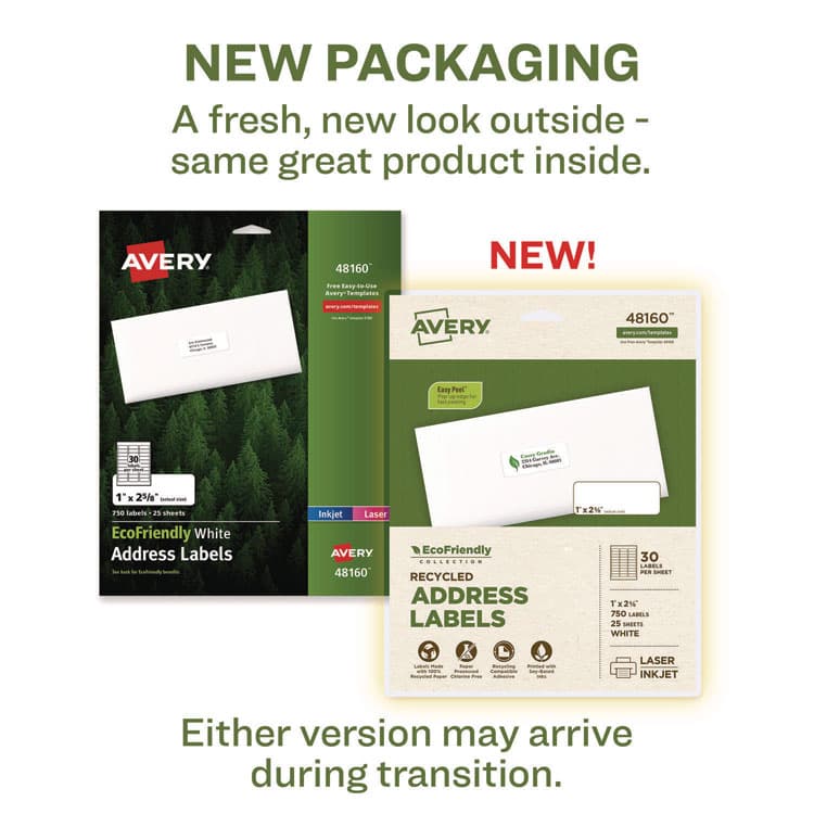 AVERY PRODUCTS CORPORATION EcoFriendly Mailing Labels, Inkjet/Laser Printers, 1 x 2.63, White, 30/Sheet, 25 Sheets/Pack (AVE48160) thumbnail 2