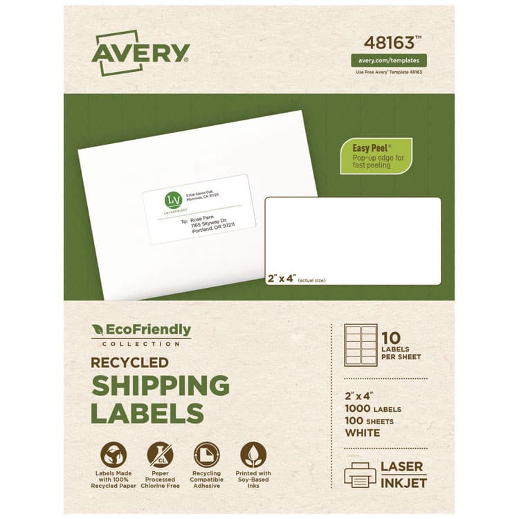 AVERY PRODUCTS CORPORATION EcoFriendly Mailing Labels, Inkjet/Laser Printers, 2 x 4, White, 10/Sheet, 100 Sheets/Pack (AVE48163)