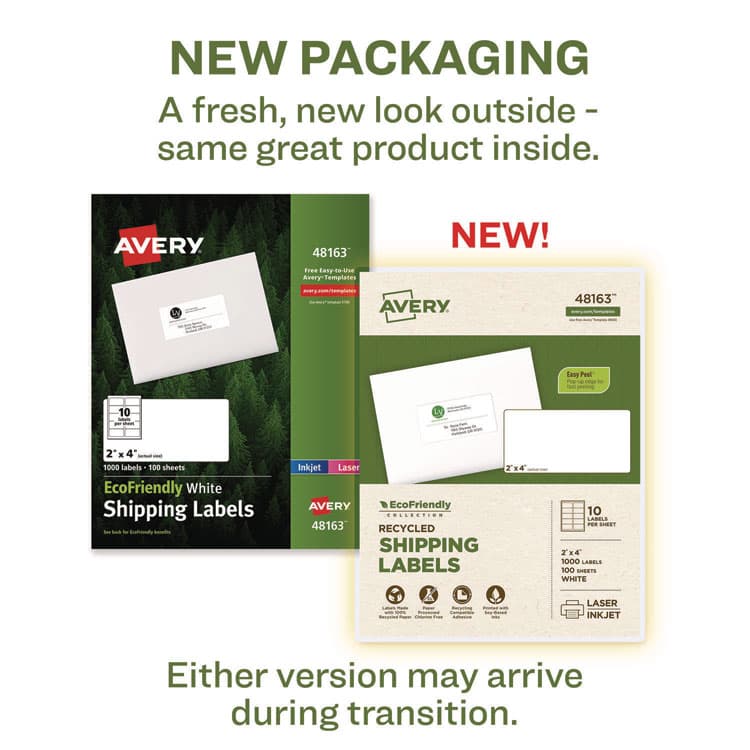AVERY PRODUCTS CORPORATION EcoFriendly Mailing Labels, Inkjet/Laser Printers, 2 x 4, White, 10/Sheet, 100 Sheets/Pack (AVE48163) thumbnail 2