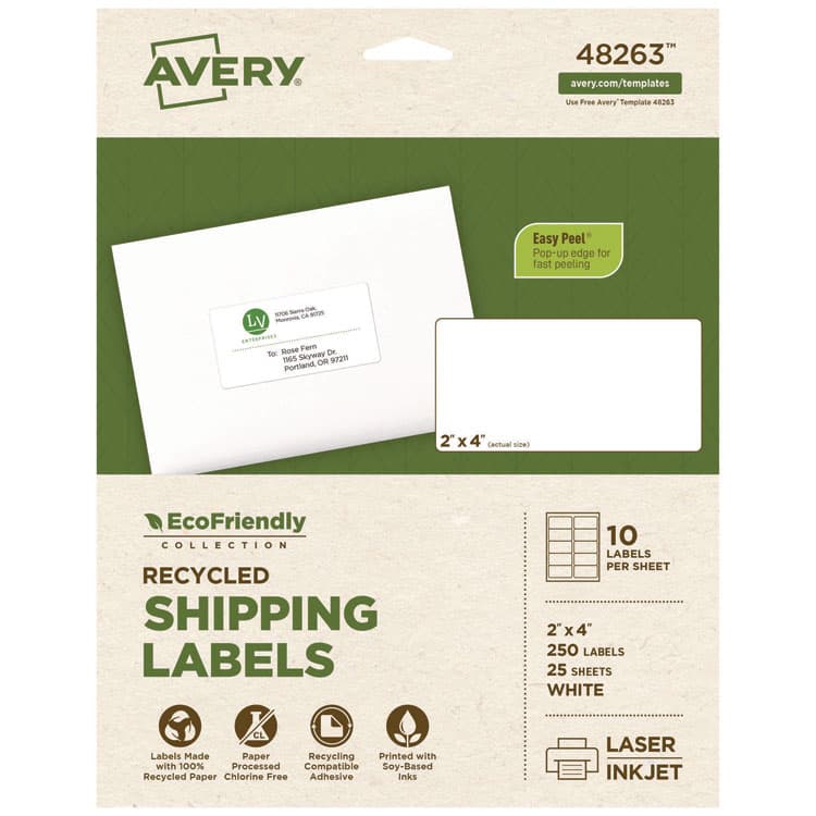 AVERY PRODUCTS CORPORATION EcoFriendly Mailing Labels, Inkjet/Laser Printers, 2 x 4, White, 10/Sheet, 25 Sheets/Pack (AVE48263)
