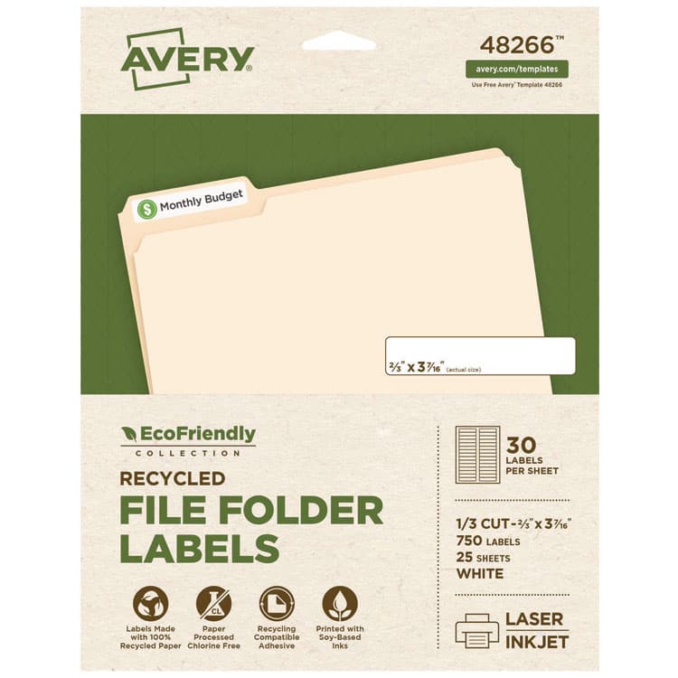AVERY PRODUCTS CORPORATION EcoFriendly Permanent File Folder Labels, 0.66 x 3.44, White, 30/Sheet, 25 Sheets/Pack (AVE48266)