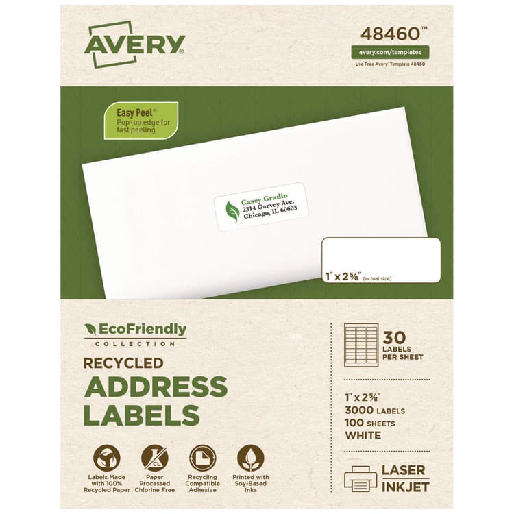 AVERY PRODUCTS CORPORATION EcoFriendly Mailing Labels, Inkjet/Laser Printers, 1 x 2.63, White, 30/Sheet, 100 Sheets/Pack (AVE48460)