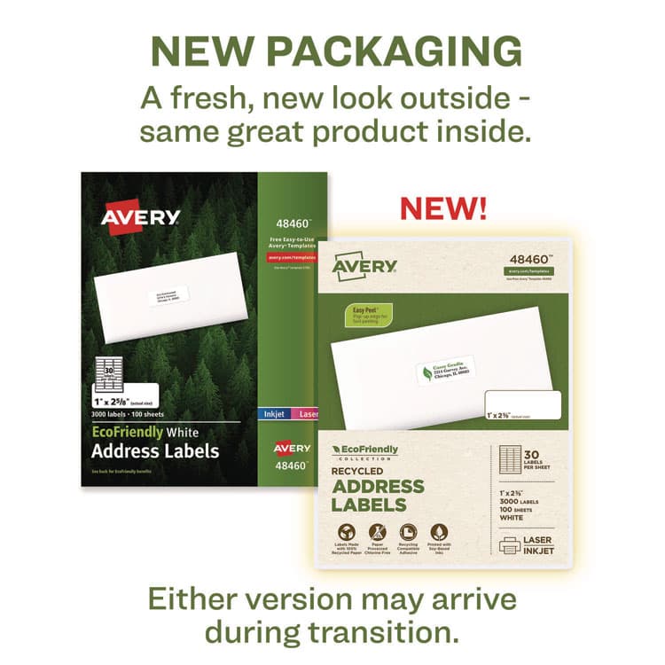 AVERY PRODUCTS CORPORATION EcoFriendly Mailing Labels, Inkjet/Laser Printers, 1 x 2.63, White, 30/Sheet, 100 Sheets/Pack (AVE48460) thumbnail 2
