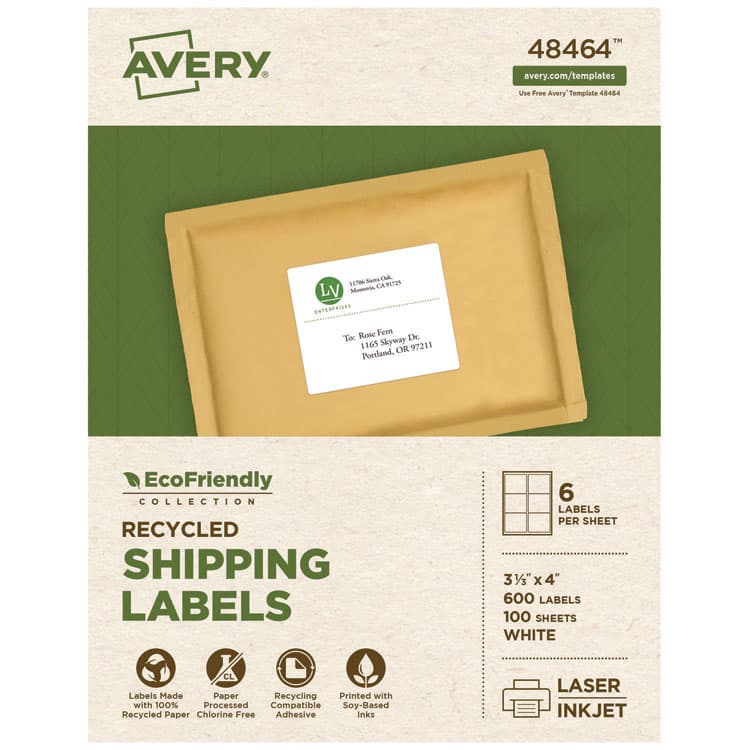 AVERY PRODUCTS CORPORATION EcoFriendly Mailing Labels, Inkjet/Laser Printers, 3.33 x 4, White, 6/Sheet, 100 Sheets/Pack (AVE48464)
