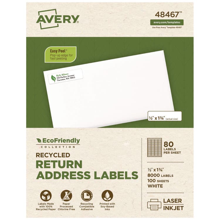 AVERY PRODUCTS CORPORATION EcoFriendly Mailing Labels, Inkjet/Laser Printers, 0.5 x 1.75, White, 80/Sheet, 100 Sheets/Pack (AVE48467)