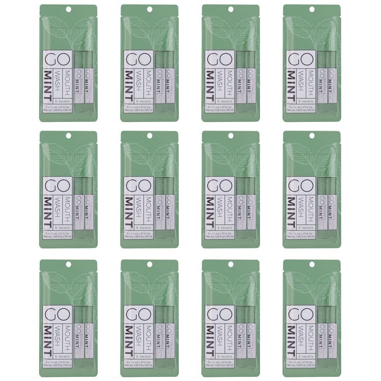 GO MOUTHWASH Individual Mouthwash Packets, Mint Flavor, 0.37 oz Packet, 5/Pack, 12 Packs/Box (GMHMW05)