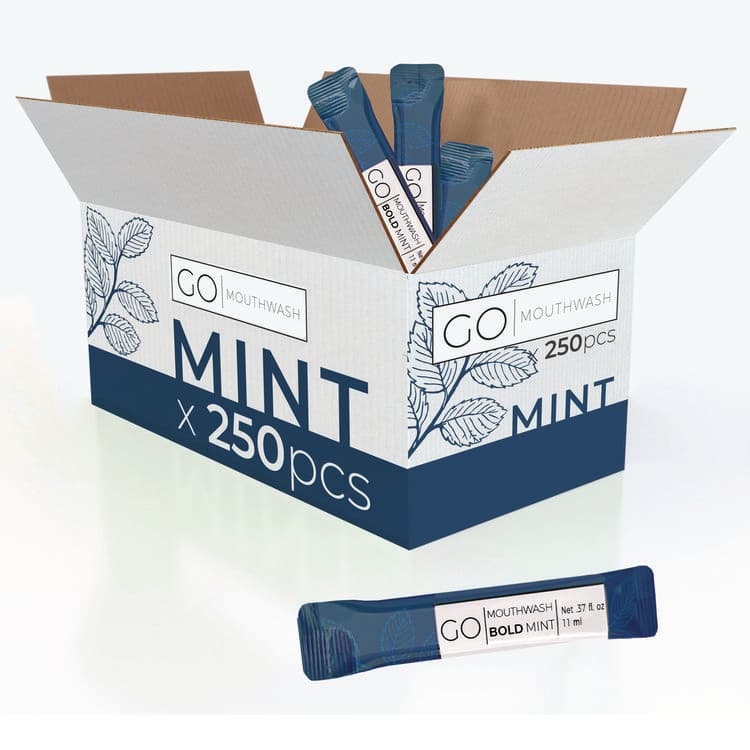 GO MOUTHWASH Individual Mouthwash Packets, Bold Mint Flavor, 0.37 oz Packet, 250/Box (GMHMW250BOLD)