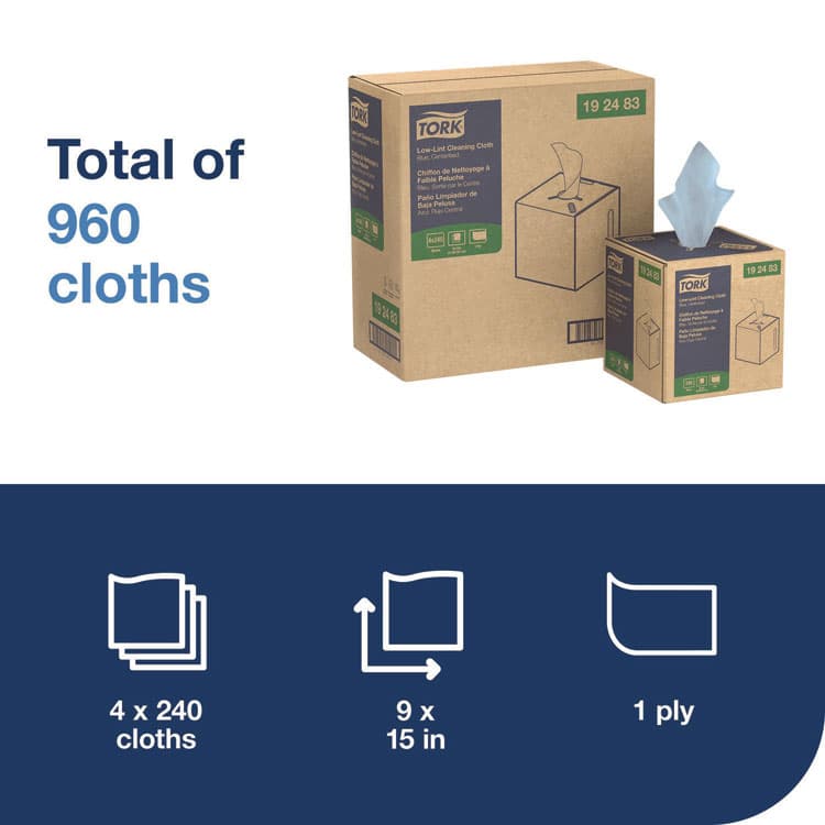 SCA TISSUE Low-Lint Cleaning Cloths, 1-Ply, 15 x 15, Blue, 240 Sheets, 4 Boxes/Carton (TRK192483) thumbnail 3