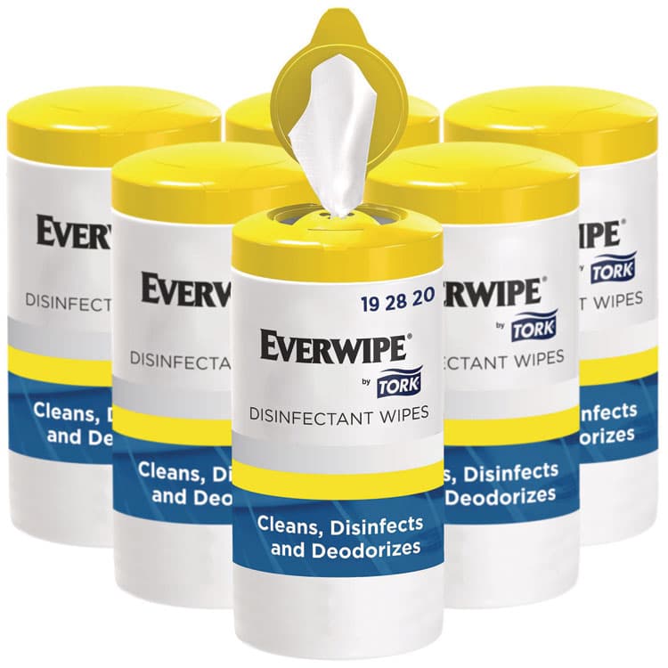 SCA TISSUE Everwipe by Tork Disinfectant Wipe Canisters, 1-Ply, 7 x 7, Lemon, White, 75 Sheets/Canister, 6/Carton (TRK192820)