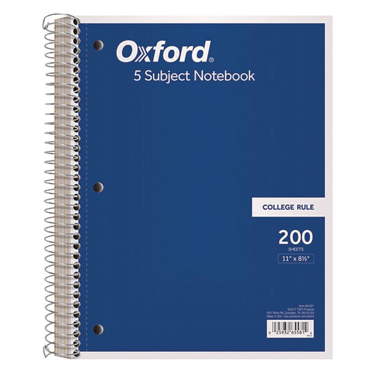 TOPS BUSINESS FORMS Coil-Lock Wirebound Notebook, 3-Hole Punch, 5-Subject, College Rule, Randomly Assorted Covers, (200) 11 x 8.5 Sheets (TOP65581)
