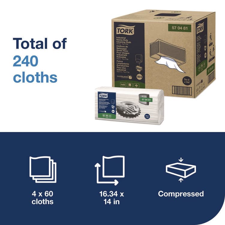 SCA TISSUE Industrial Heavy-Duty Cleaning Cloth, 1-Ply, 13.97 x, 4.25, Unscented, White, 60 Cloths, 4/Carton (TRK570481) thumbnail 3