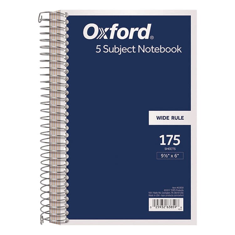 TOPS BUSINESS FORMS Wirebound Five-Subject Notebook, Wide/Legal Rule, Navy Cover, (175) 9.5 x 6 Sheets (TOP63859)