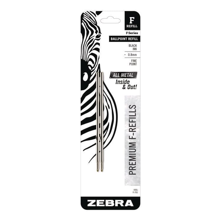 ZEBRA PEN CORP. F-Series Ballpoint Stainless Steel Pen Refill, Fine 0.8 mm Conical Tip, Black Ink, 2/Pack (ZEB89112)
