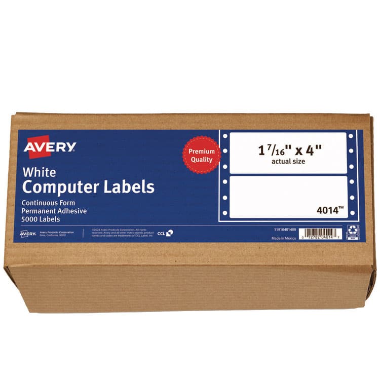 AVERY PRODUCTS CORPORATION Dot Matrix Printer Mailing Labels, Pin-Fed Printers, 1.44 x 4, White, 5,000/Box (AVE4014)