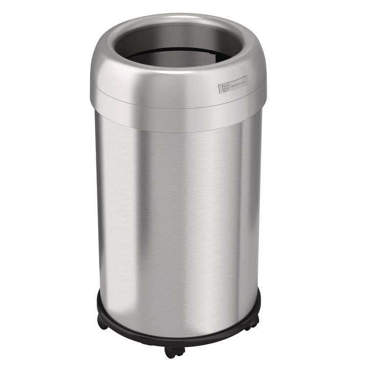 HLS COMMERCIAL Open Top Trash Can with Wheels, Round, 13 gal, Plastic/Stainless Steel, Silver (HLMHLS13STRM)