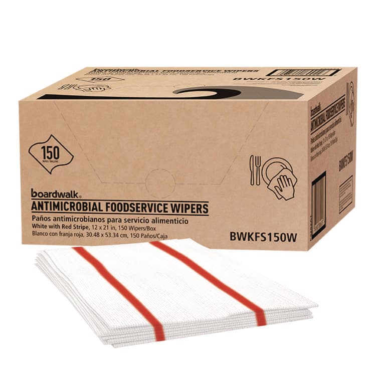BOARDWALK Antimicrobial Foodservice Wipers, 1-Ply, 12 x 21, Red/White, 150/Carton (BWKFS150W)