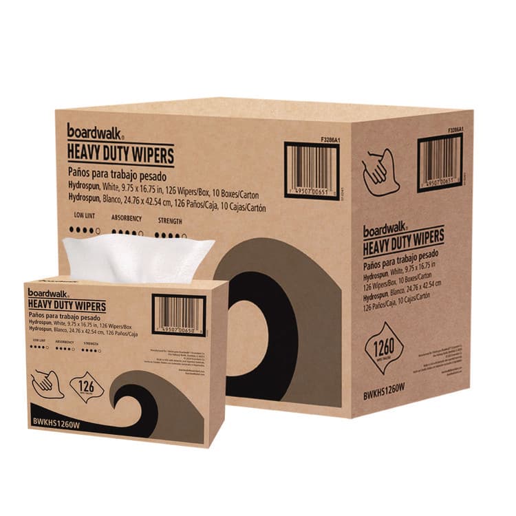 BOARDWALK Hydrospun Wipers, 1-Ply, 9.75 x 16.75, White, 126/Box, 10 Boxes/Carton (BWKHS1260W)