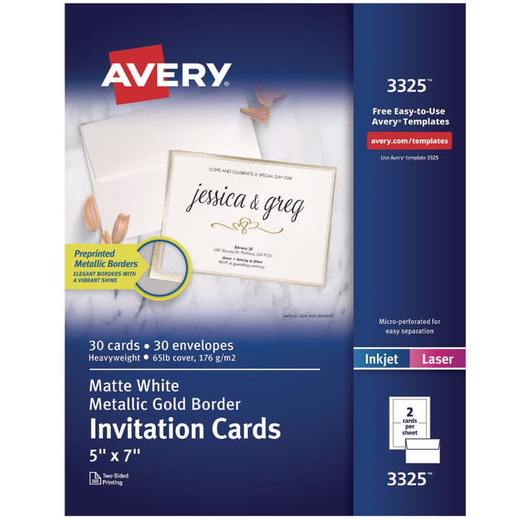 AVERY PRODUCTS CORPORATION Invitation Cards with Metallic Border, Inkjet/Laser, 80 lb, 5 x 7, Matte White, 2 Cards/Sheet, 15 Sheets/Pack (AVE3325)
