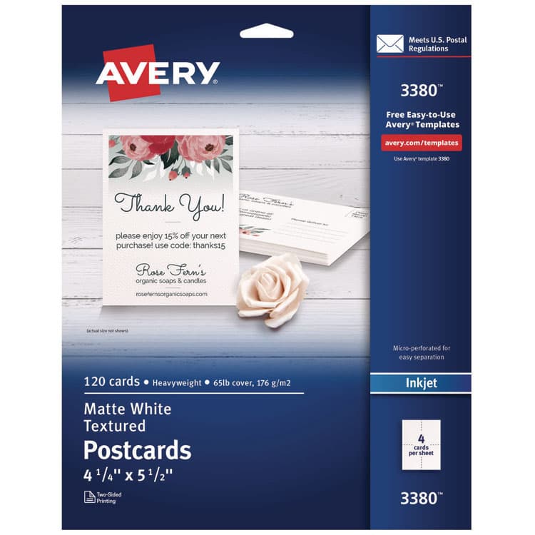 AVERY PRODUCTS CORPORATION Printable Postcards, Inkjet, 65 lb, 4.25 x 5.5, Textured Matte White, 120 Cards, 4 Cards/Sheet, 30 Sheets/Box (AVE3380)