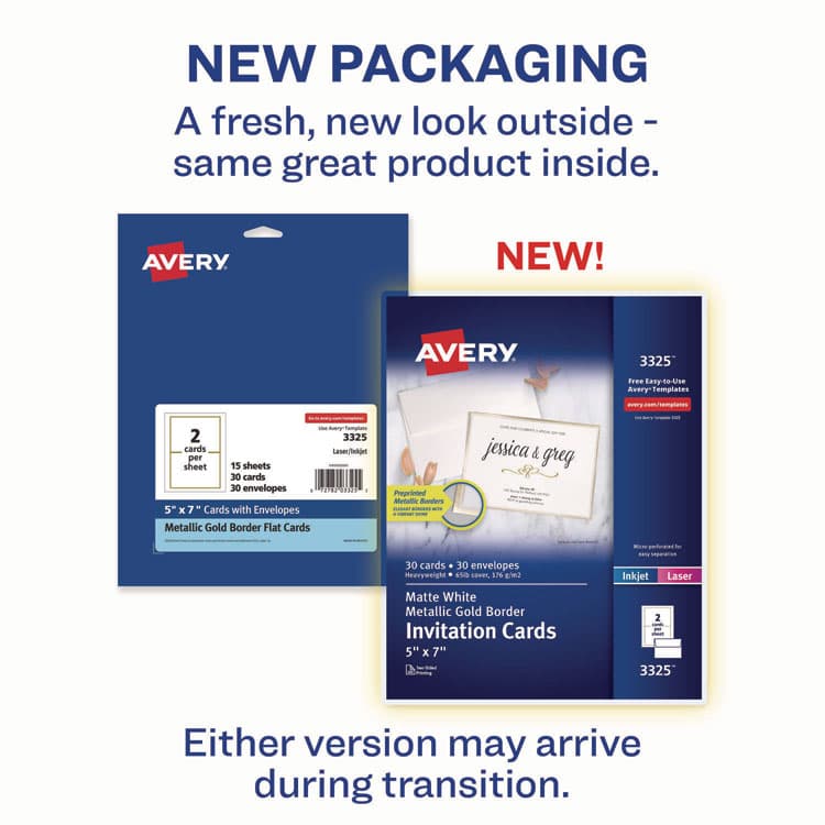 AVERY PRODUCTS CORPORATION Invitation Cards with Metallic Border, Inkjet/Laser, 80 lb, 5 x 7, Matte White, 2 Cards/Sheet, 15 Sheets/Pack (AVE3325) thumbnail 2