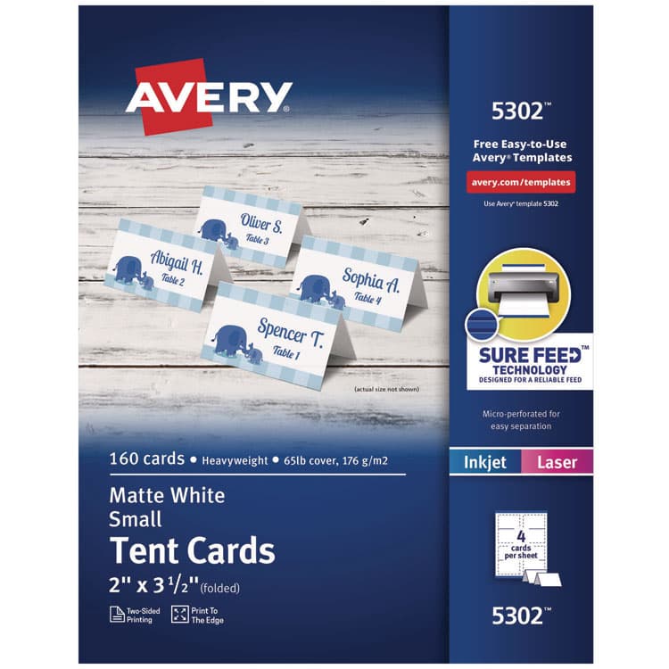 AVERY PRODUCTS CORPORATION Small Tent Card, White, 3.5 x 2, 4 Cards/Sheet, 40 Sheets/Pack (AVE5302)