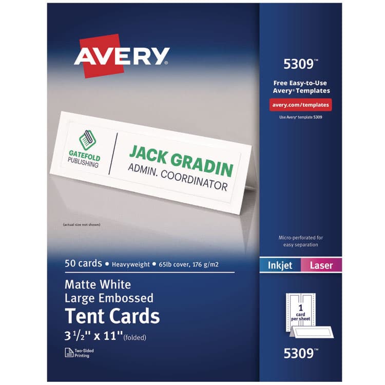 AVERY PRODUCTS CORPORATION Large Embossed Tent Card, White, 11, x 3.5, 1 Card/Sheet, 50 Sheets/Box (AVE5309)