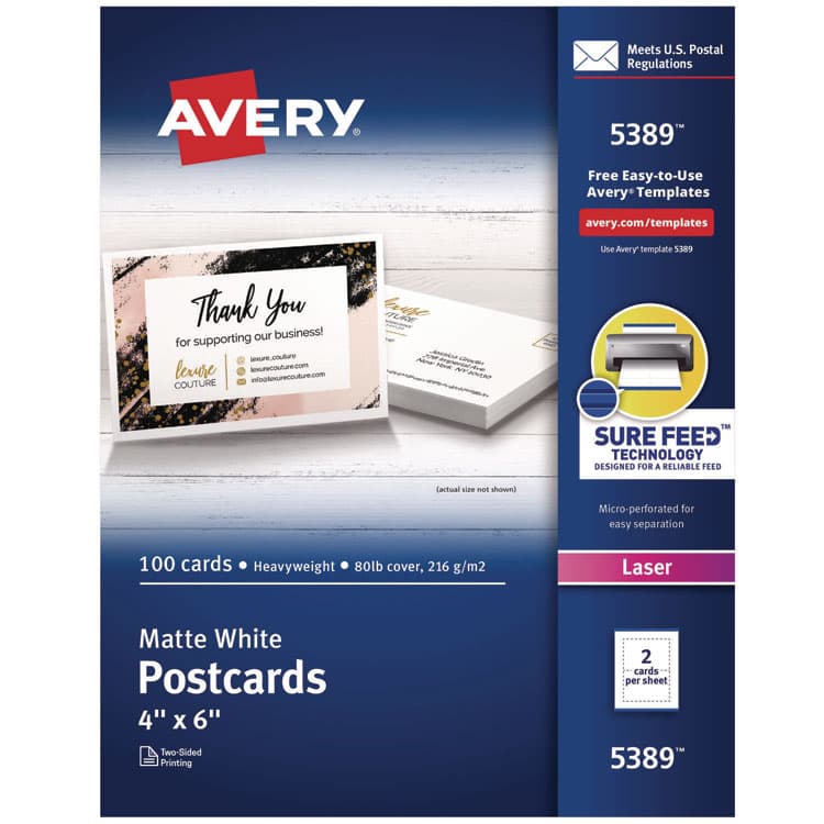 AVERY PRODUCTS CORPORATION Printable Postcards, Laser, 80 lb, 4 x 6, Matte White, 100 Cards, 2/Cards/Sheet, 50 Sheets/Box (AVE5389)