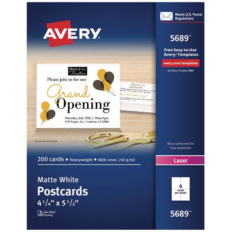 AVERY PRODUCTS CORPORATION Printable Postcards, Laser, 80 lb, 4.25 x 5.5, Matte White, 200 Cards, 4 Cards/Sheet, 50 Sheets/Box (AVE5689)