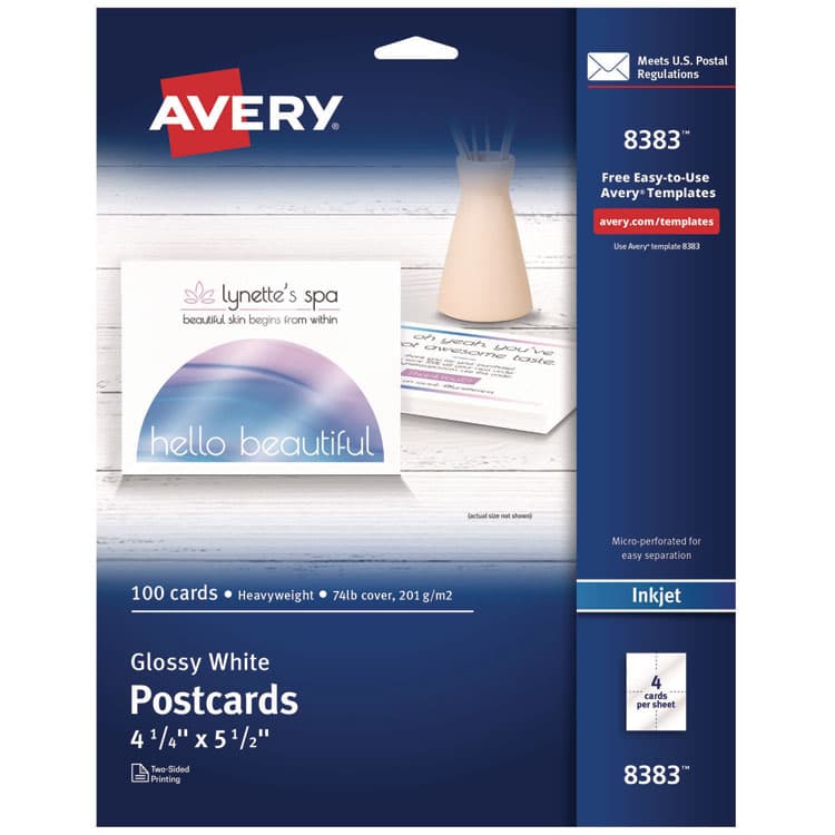 AVERY PRODUCTS CORPORATION Photo-Quality Printable Postcards, Inkjet, 74 lb, 4.25 x 5.5, Glossy White, 100 Cards, 4 Cards/Sheet, 25 Sheets/Pack (AVE8383)