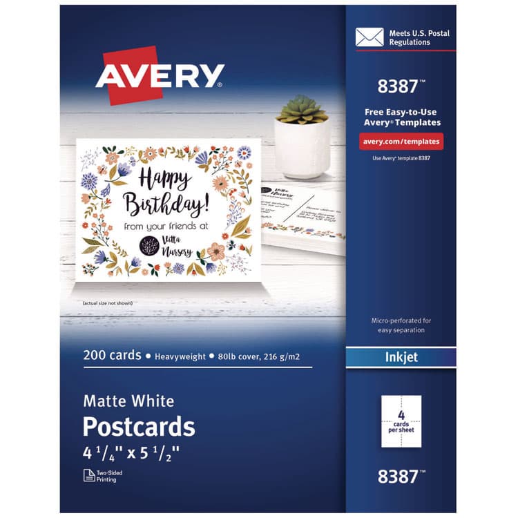 AVERY PRODUCTS CORPORATION Printable Postcards, Inkjet, 80 lb, 4.25 x 5.5, Matte White, 200 Cards, 4 Cards/Sheet, 50 Sheets/Box (AVE8387)