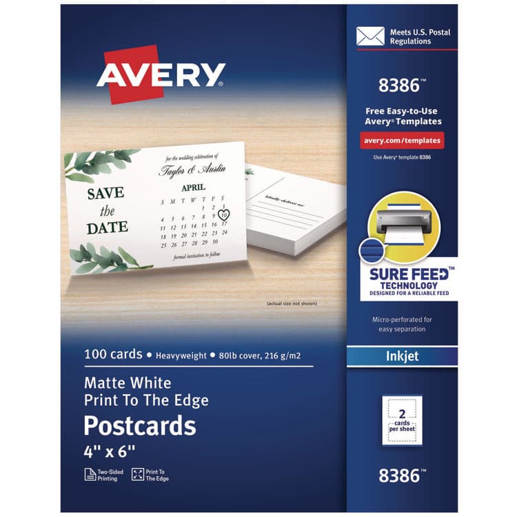 AVERY PRODUCTS CORPORATION Printable Postcards, Inkjet, 80 lb, 4 x 6, Matte White, 100 Cards, 2 Cards/Sheet, 50 Sheets/Box (AVE8386)
