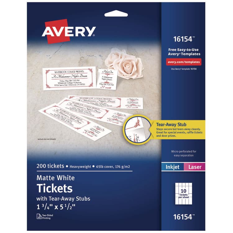 AVERY PRODUCTS CORPORATION Printable Tickets w/Tear-Away Stubs, 97 Bright, 65 lb Cover Weight, 8.5 x 11, White, 10 Tickets/Sheet, 20 Sheets/Pack (AVE16154)
