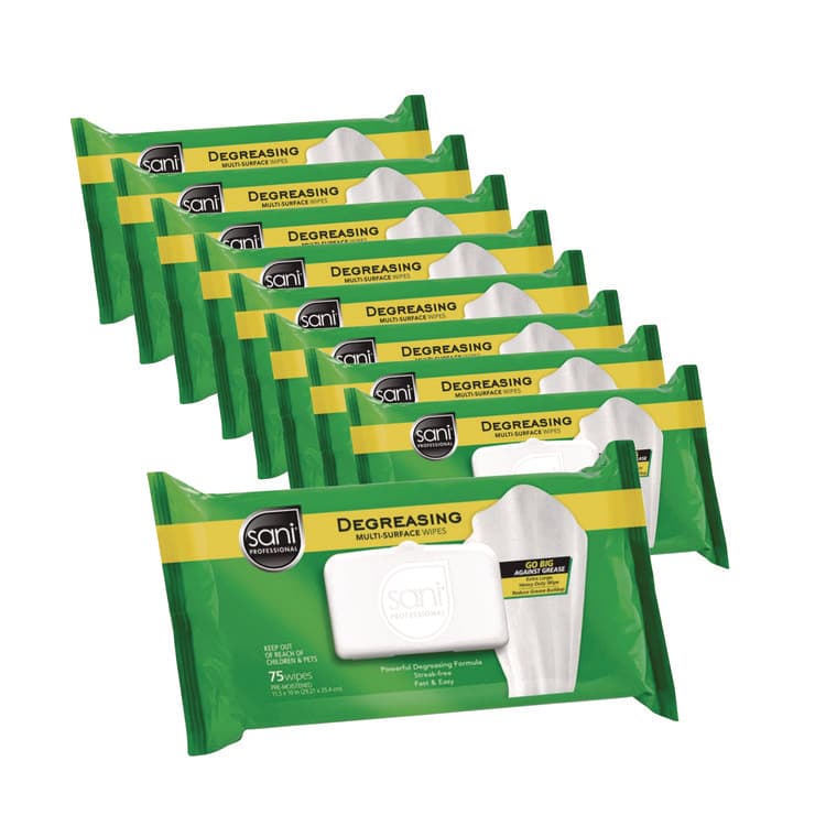 SANI PROFESSIONAL Degreasing Multi-Surface Wipes, 1-Ply, 11.5 x 10, 75, Floral Scent, White, Wipes/Pack, 9 Packs/Carton (NICA12345)