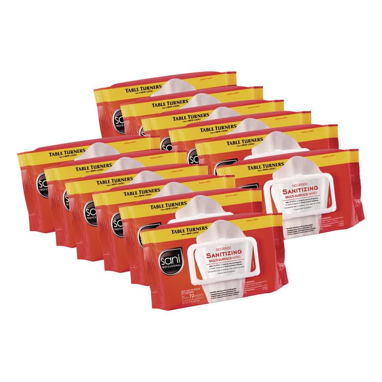 SANI PROFESSIONAL No-Rinse Sanitizing Multi-Surface Wipes, 1-Ply, 8 x 9, Unscented, White, 72 Wipes/Pack, 12 Packs/Carton (NICM30472)