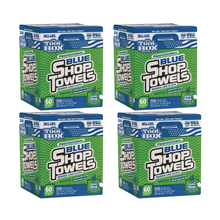 SELLARS ABSORBENT MATERIALS, . TOOLBOX Blue Shop Towels, 1-Ply, 10 x 12, Blue, 200 Sheets/Box, 4 Boxes/Carton (SLR55202)